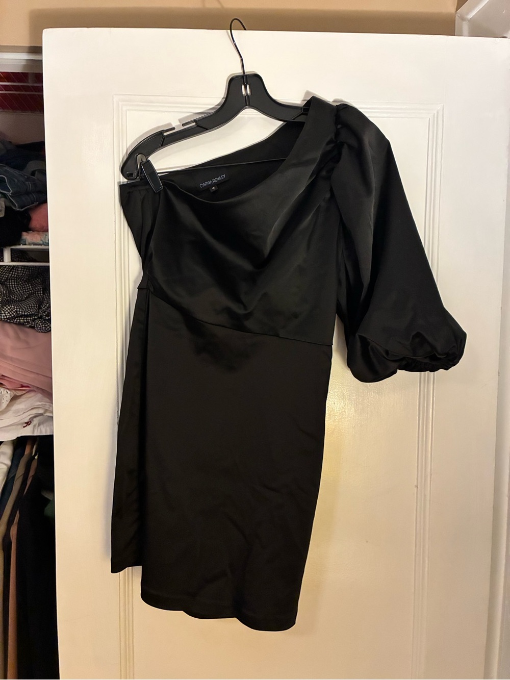 Cynthia Rowley Black One-Shoulder Puff-Sleeve Dress